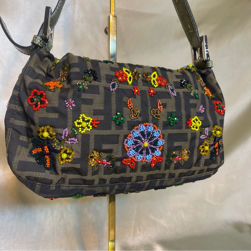 💖SOLD💖Fendi zucca print floral beaded baguette lizard shoulder strap RARE - Picture 4 of 16
